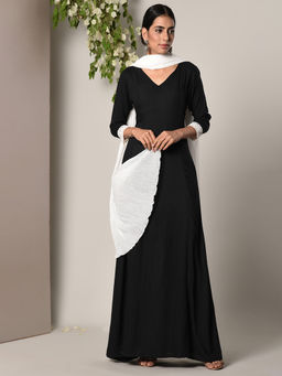 trueBrowns - Black Crochet Dress With White Crinkle Dupatta Set