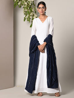 trueBrowns - White Silver Thread Dress With Blue Silver Crinkle Dupatta Set