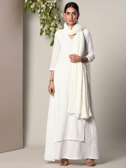 trueBrowns - White Silver Thread Suit Dress With White Silver Crinkle Dupatta Set