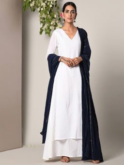 trueBrowns - White Silver Thread Suit Dress With Blue Silver Crinkle Dupatta Set