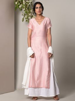 trueBrowns - Mud Pink White Kurta And White Crinkle Dupatta Set