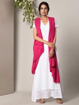 trueBrowns - White Dabka Kurta And Pink Golden Crinkle Dupatta Set