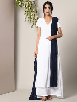 trueBrowns - White Dabka Kurta And Blue Silver Crinkle Dupatta Set