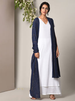 trueBrowns - White Dabka Kurta And Blue Golden Crinkle Dupatta Set