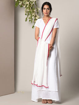 trueBrowns - White Dabka Kurta And Crinkle Pink Lace Dupatta Set