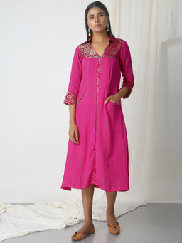 trueBrowns - Neon Pink Brocade Shirt Dress