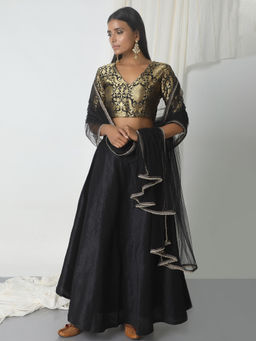 trueBrowns - Black Brocade Choli Lehenga Set