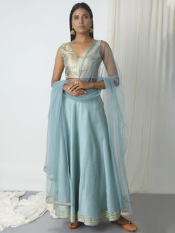 trueBrowns - Grey Gota Chanderi Brocade Lehenga Set