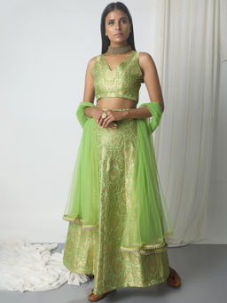 trueBrowns - Chartreuse Green Brocade Lehenga Set
