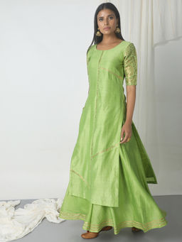 trueBrowns - Chartreuse Green Chanderi Gota Skirt With Kurta - Set of 2