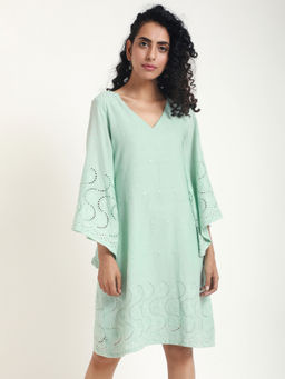 trueBrowns - Green Chikan Bell Sleeve Dress