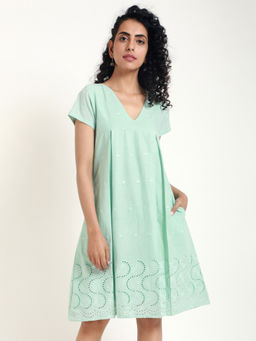 trueBrowns - Green Chikankari Pleats Dress