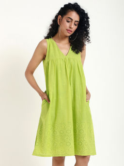 trueBrowns - Green Chikankari Gather Dress