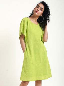 trueBrowns - Green Chikan Border Sleeve Dress