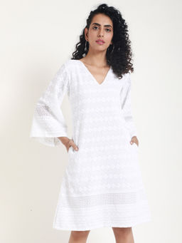 trueBrowns - White Chikan Sunflower Bell Dress