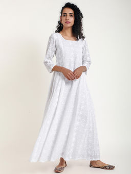 trueBrowns - White Chikankari Starflower Flare Dress