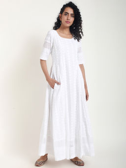 trueBrowns - White Chikankari Bordered Flare Dress