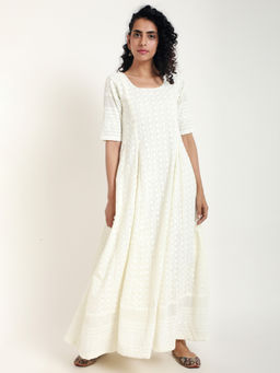 trueBrowns - Ivory Chikankari Bordered Flare Dress