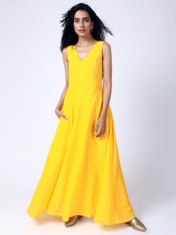trueBrowns - Yellow Silver Zari Dress