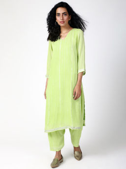 trueBrowns - Green Gota Slit Kurta With Ruffled Pant - Set of 2