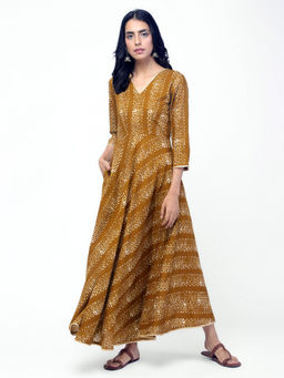 trueBrowns - Mustard Patterned Stripe Gota Dress