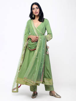 trueBrowns - Green Gota Angrakha Salwar Suit - Set of 3