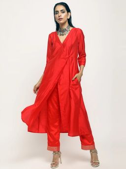 trueBrowns - Red Angrakha Dress With Foil Pant - Set of 2