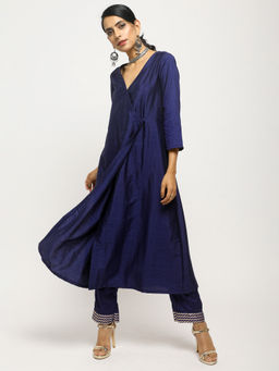 trueBrowns - Blue Angrakha Dress With Foil Pant - Set of 2