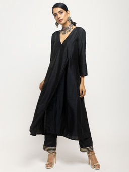 trueBrowns - Black Angrakha Dress With Foil Pant - Set of 2