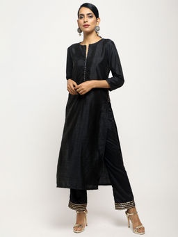 trueBrowns - Black Foil High Slit Kurta With Foil Pant - Set of 2