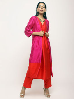 trueBrowns - Red Orange Jacket Kurta - Set of 3