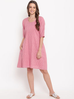 trueBrowns - Pink Dobby Tie Up Dress