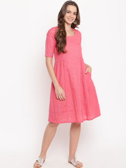 trueBrowns - Pink Dobby Side Gathers Dress