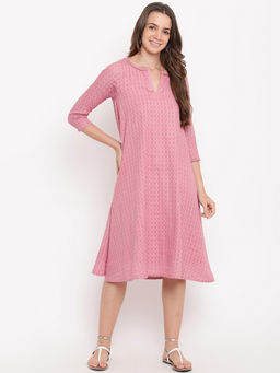 trueBrowns - Pink Grid Dobby Flared Dress