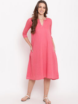 trueBrowns - Brick Pink Dobby Grid Flared Dress