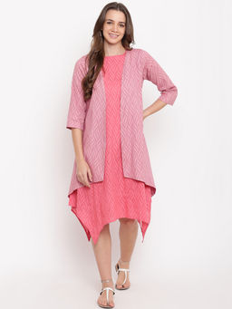 trueBrowns - Brick Pink Dobby Asymmetric Reversible Jacket Dress