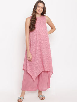 trueBrowns - Pink Dobby Asymmetric Kurta With Palazzo - Set of 2