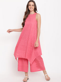 trueBrowns - Brick Pink Asymmetric Kurta With Palazzo - Set of 2