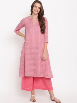 trueBrowns - Pink Grid Dobby Kurta With Contrast Palazzo - Set of 2
