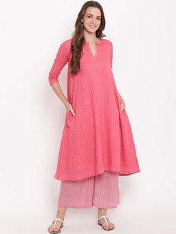 trueBrowns - Brick Pink Grid Dobby Kurta With Contrast Palazzo - Set of 2