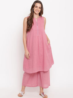 trueBrowns - Pink Pin Tucks Kurta With Palazzo - Set of 2