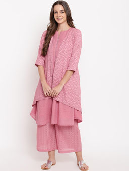 trueBrowns - Pink Pin Tucks Kurta With Contrast Palazzo And Jacket - Set of 3