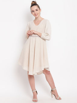 trueBrowns - Beige Khadi Crinkle Sleeve Dress