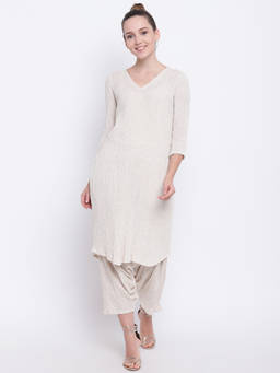 trueBrowns - Beige Crinkle Kurta With Ruffled Pant