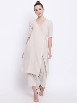 trueBrowns - Beige Khadi Angrakha With Ruffled Pant