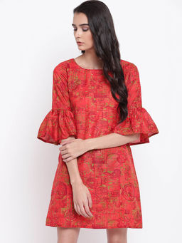 trueBrowns - Orange Gathered Sleeve Dress
