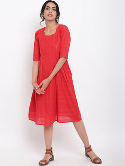 trueBrowns - Red Lace Side Gathers Dress
