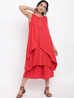 trueBrowns - Red Lace Kurti With Culottes (Set of 2)