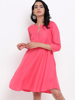 trueBrowns - Linen Cotton Pink Flared Dress