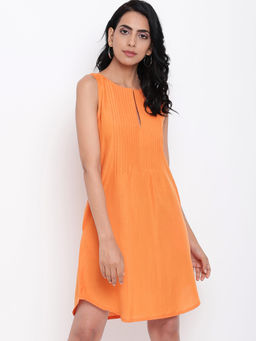 trueBrowns - Linen Cotton Orange Pin-Tucks Dress